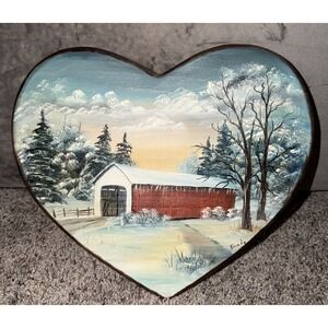 Hand Painted Winter Heart Wood Plaque Rustic Farmhouse Y2K Cottage Core Decor